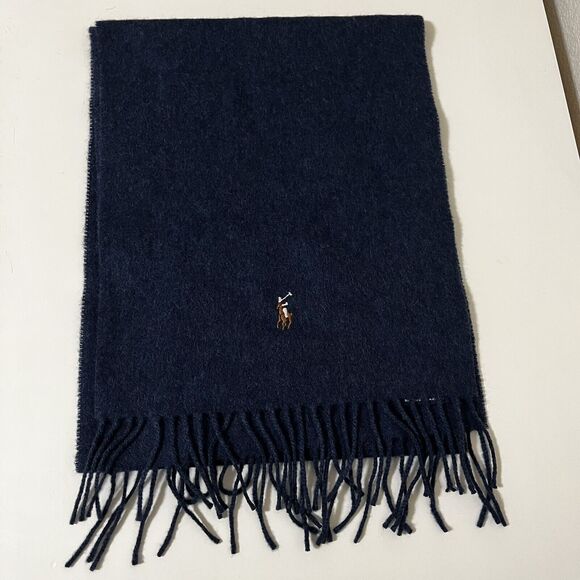 Polo Ralph Lauren Lambswool Fringe Scarf Blue Made in Italy Unisex